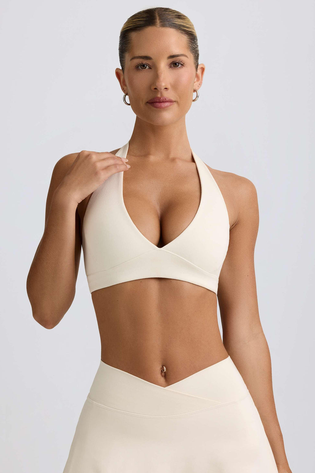 Brushed Jersey V-neck Sports Bra In Vanilla