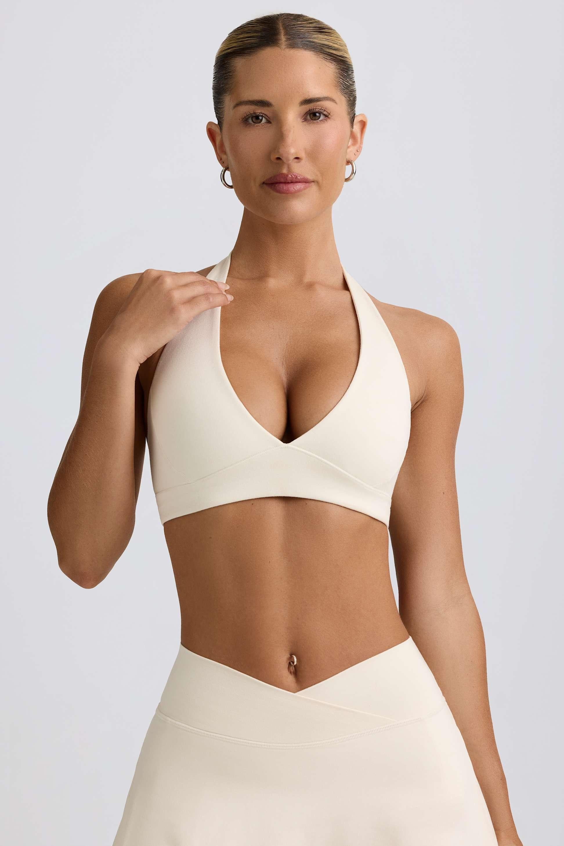 Brushed Jersey V-neck Sports Bra In Vanilla