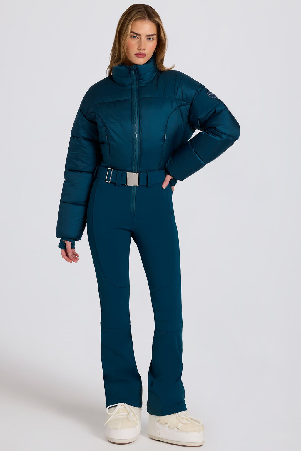 Waterproof Padded Belted Ski Suit In Teal
