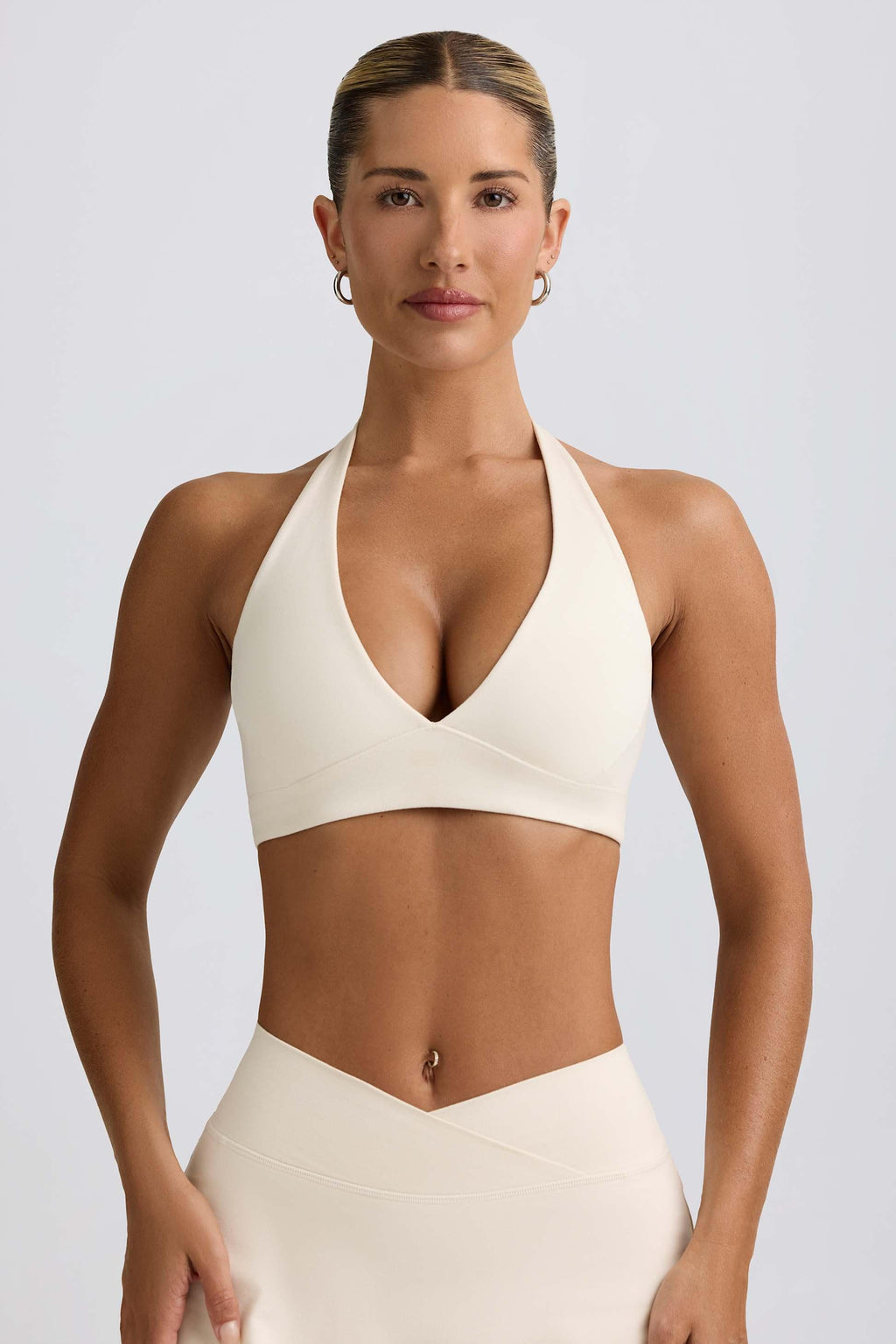 Brushed Jersey V-neck Sports Bra In Vanilla