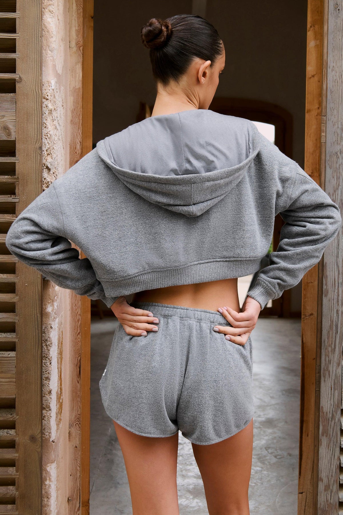 Terry Cotton Zip-up Cropped Hoodie In Dark Grey
