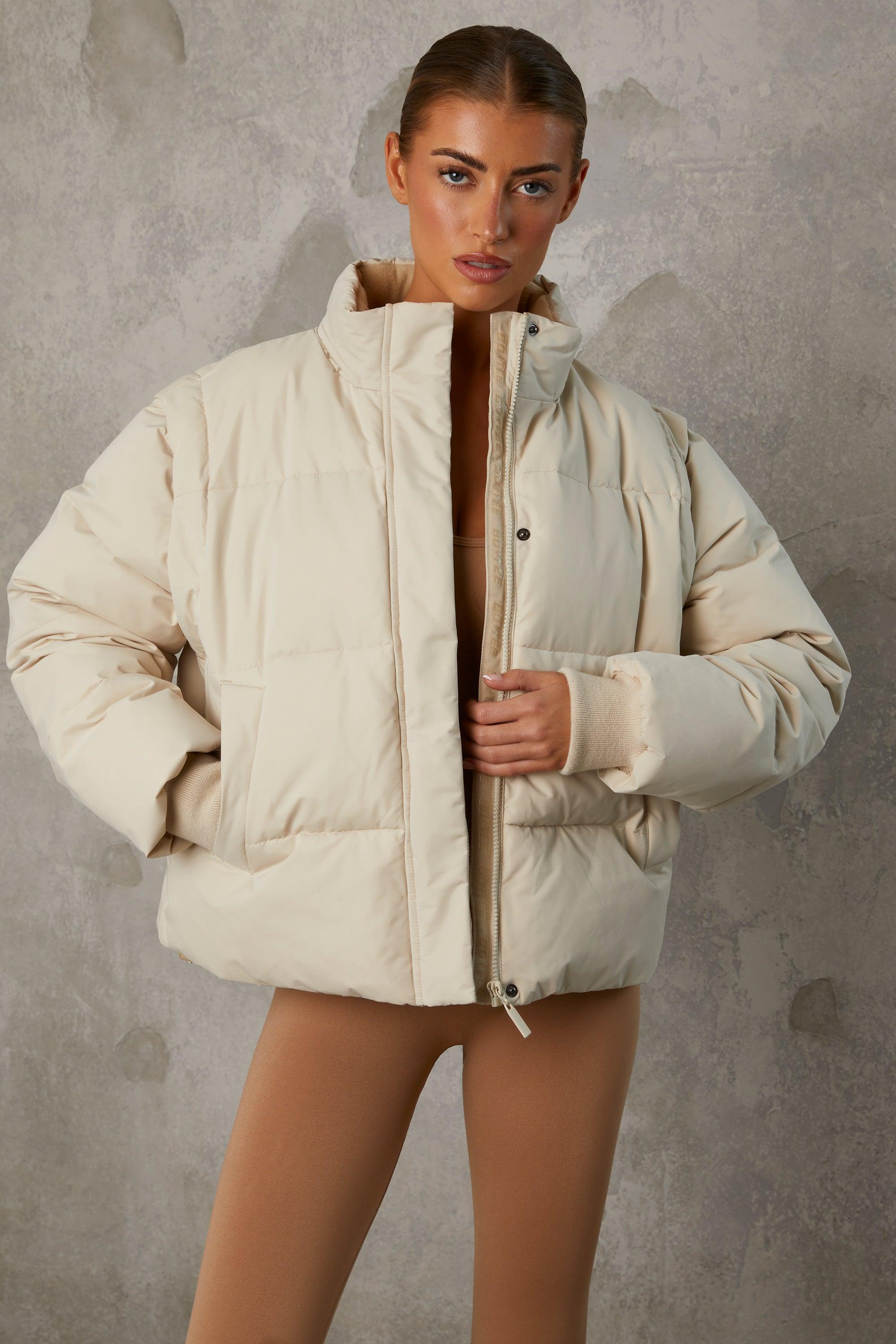 Cropped Puffer Jacket With Detachable Sleeves In Sand