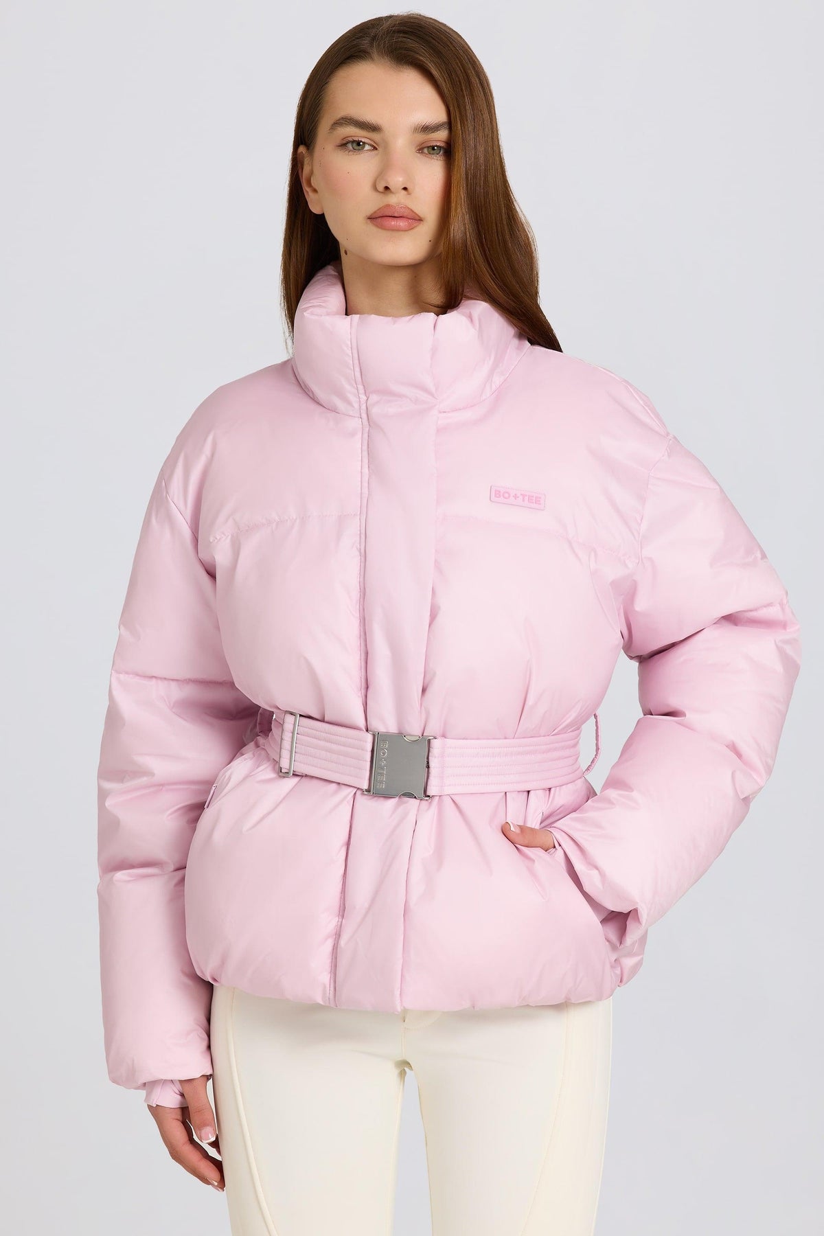 Waterproof Belted Oversized Ski Jacket In Powder Pink