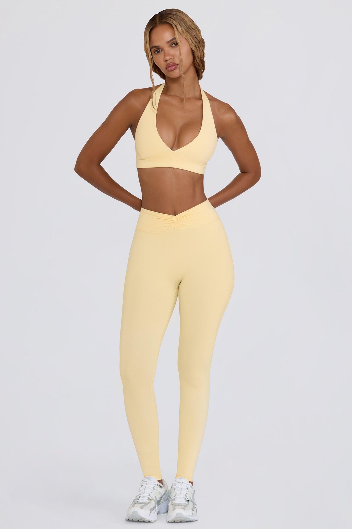 Brushed Jersey Ruched Mid-rise Leggings In Lemon Marl