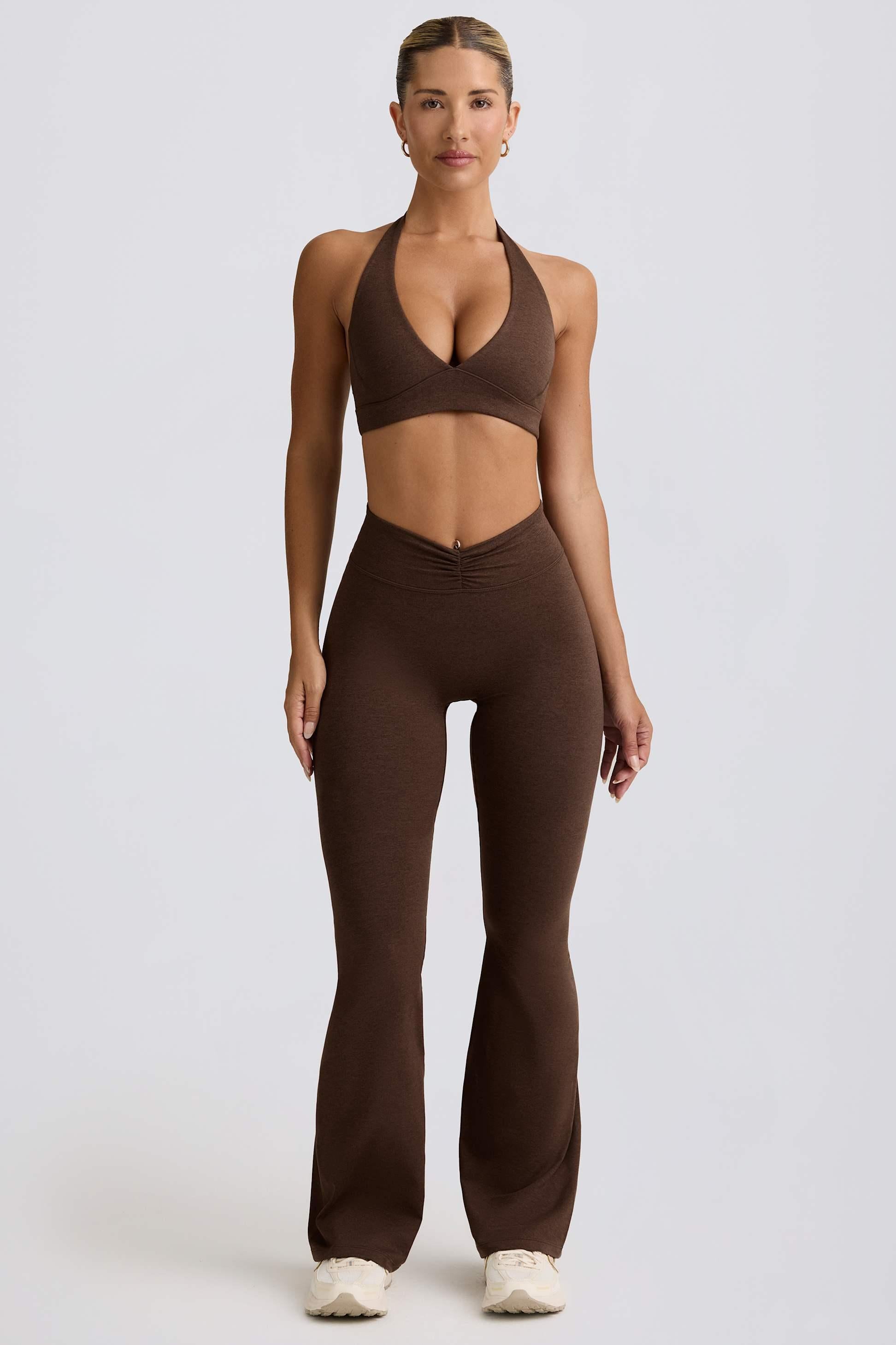 Brushed Jersey Ruched Flared Trousers In Pecan Marl