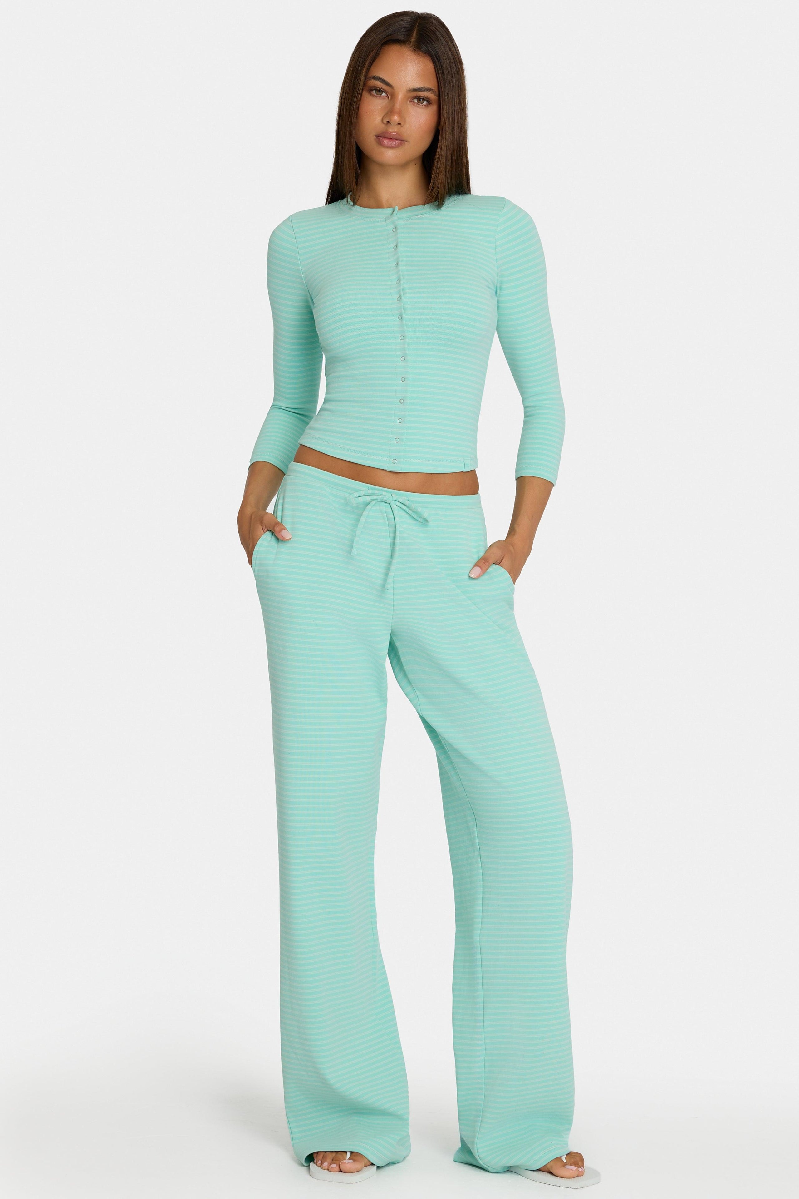 Brushed Jersey Low-rise Trousers In Aqua Stripe