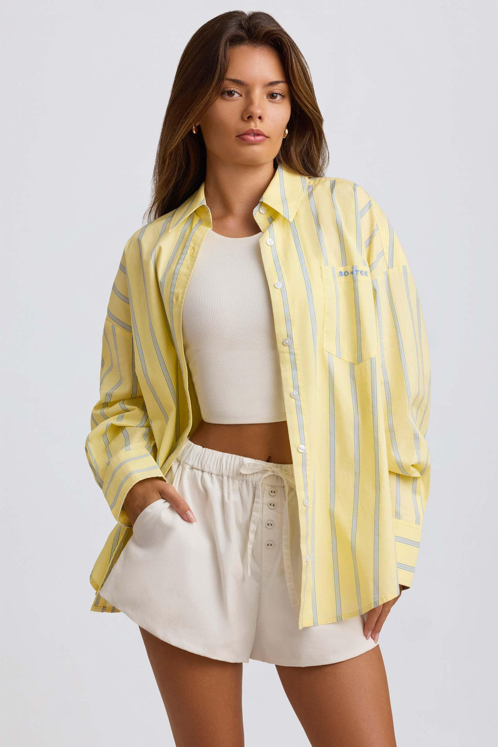Cotton Poplin Stripe Oversized Shirt In Yellow Stripe