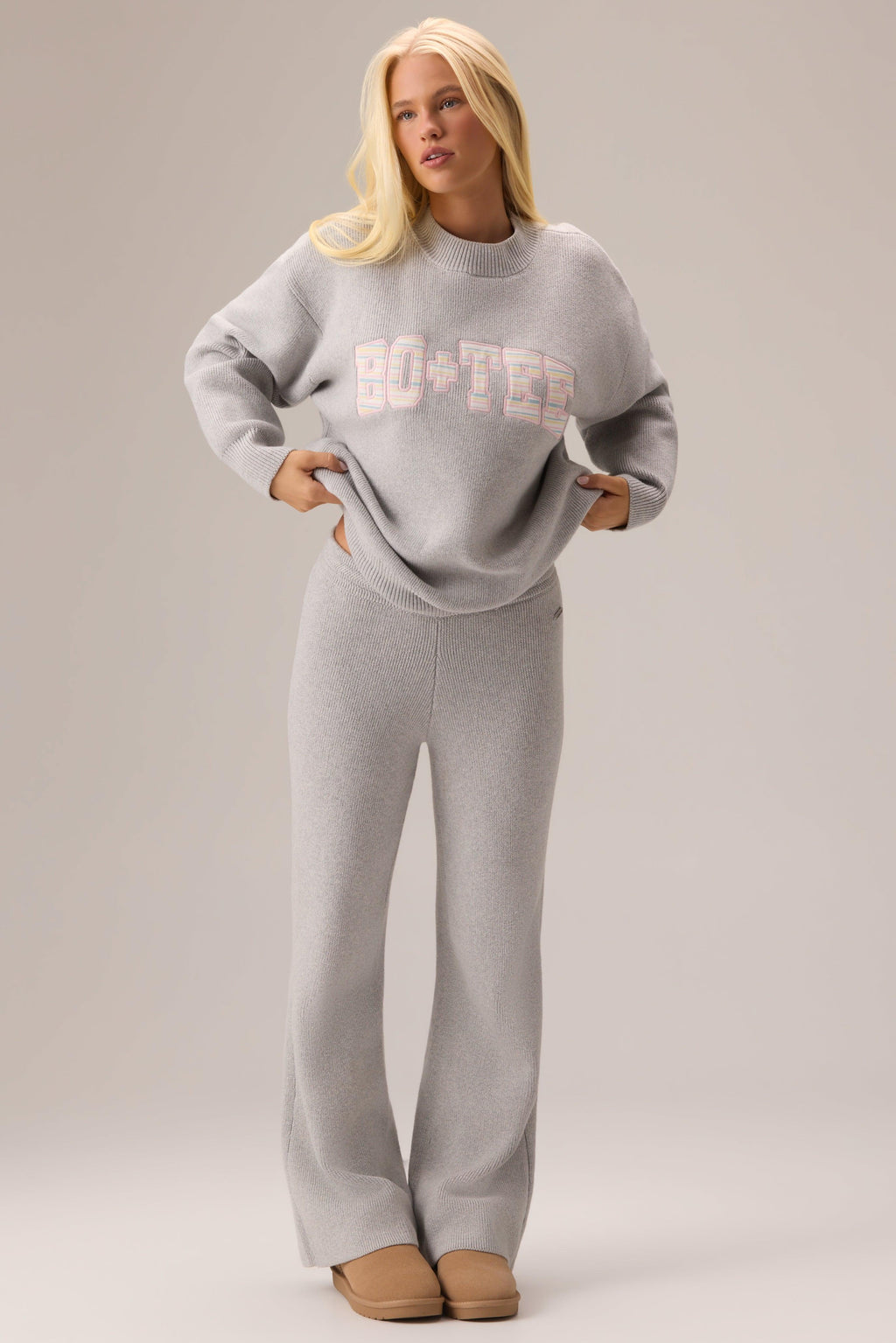 Ribbed Knit Oversized Jumper In Pebble