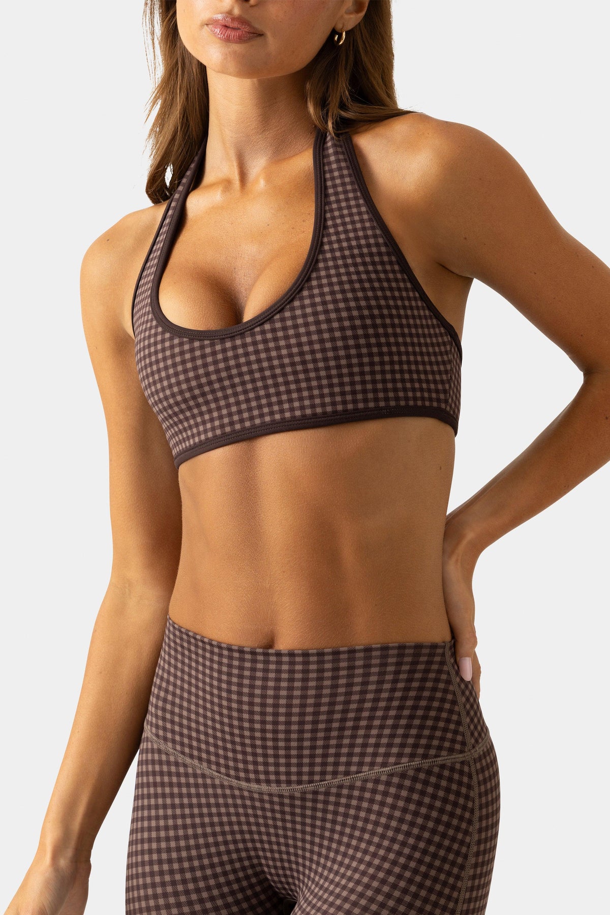 Soft Active Reversible Sports Bra In Espresso Gingham
