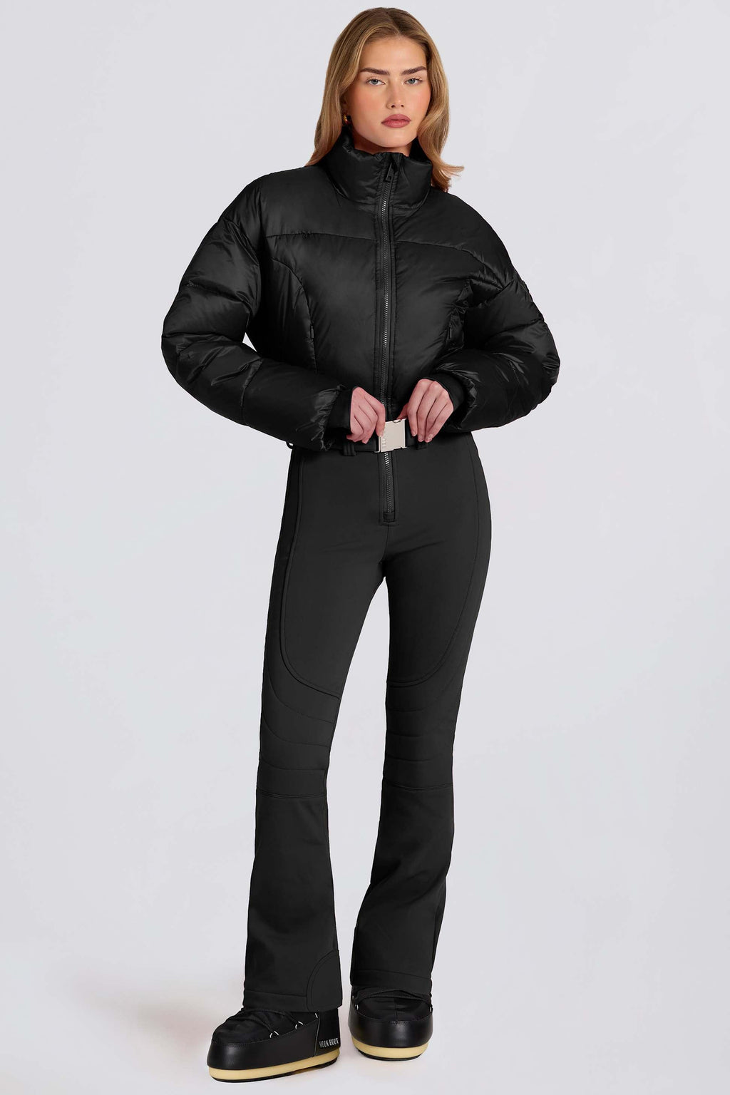 Waterproof Padded Belted Ski Suit In Black