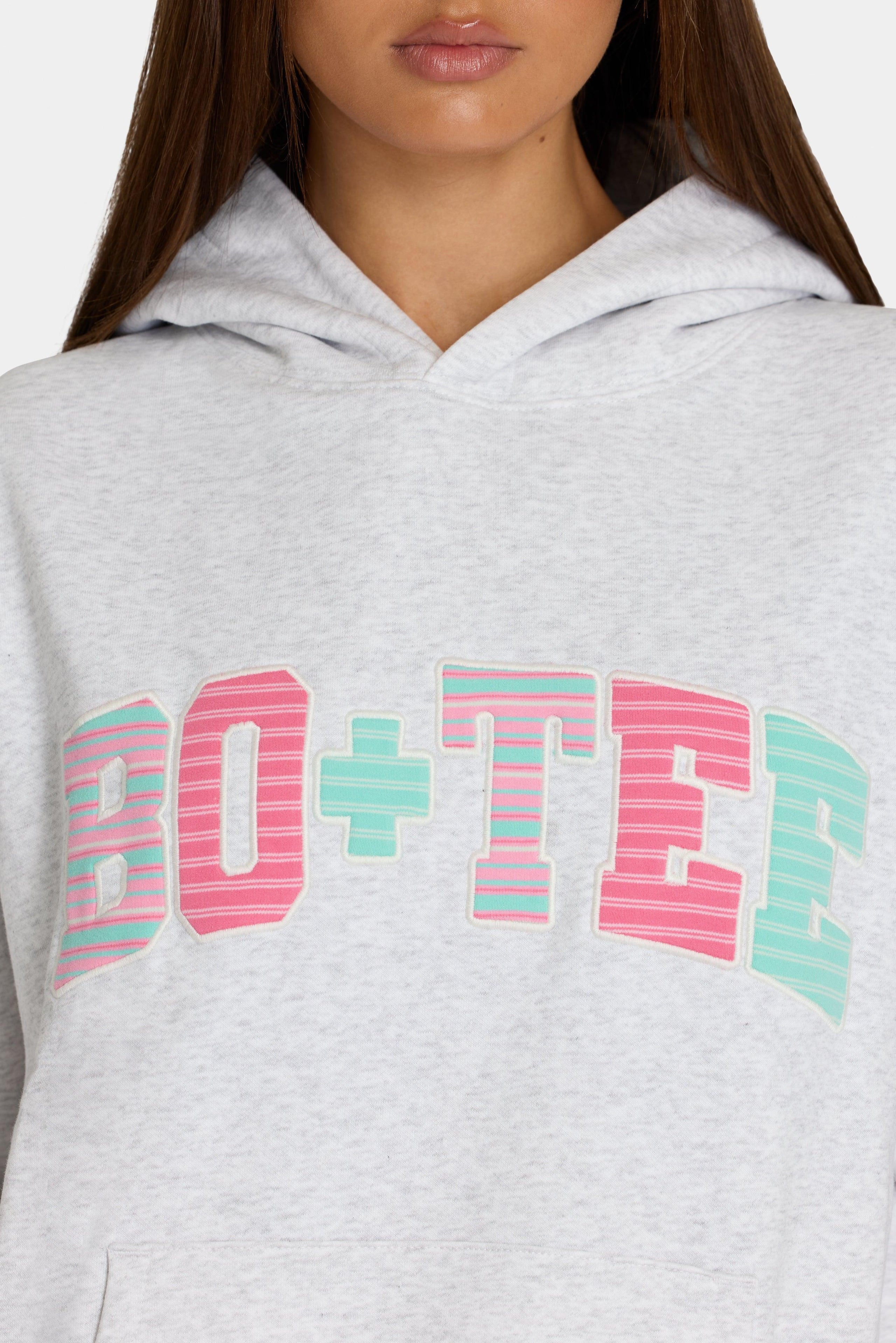Oversized Applique Hoodie In Grey Marl Stripe