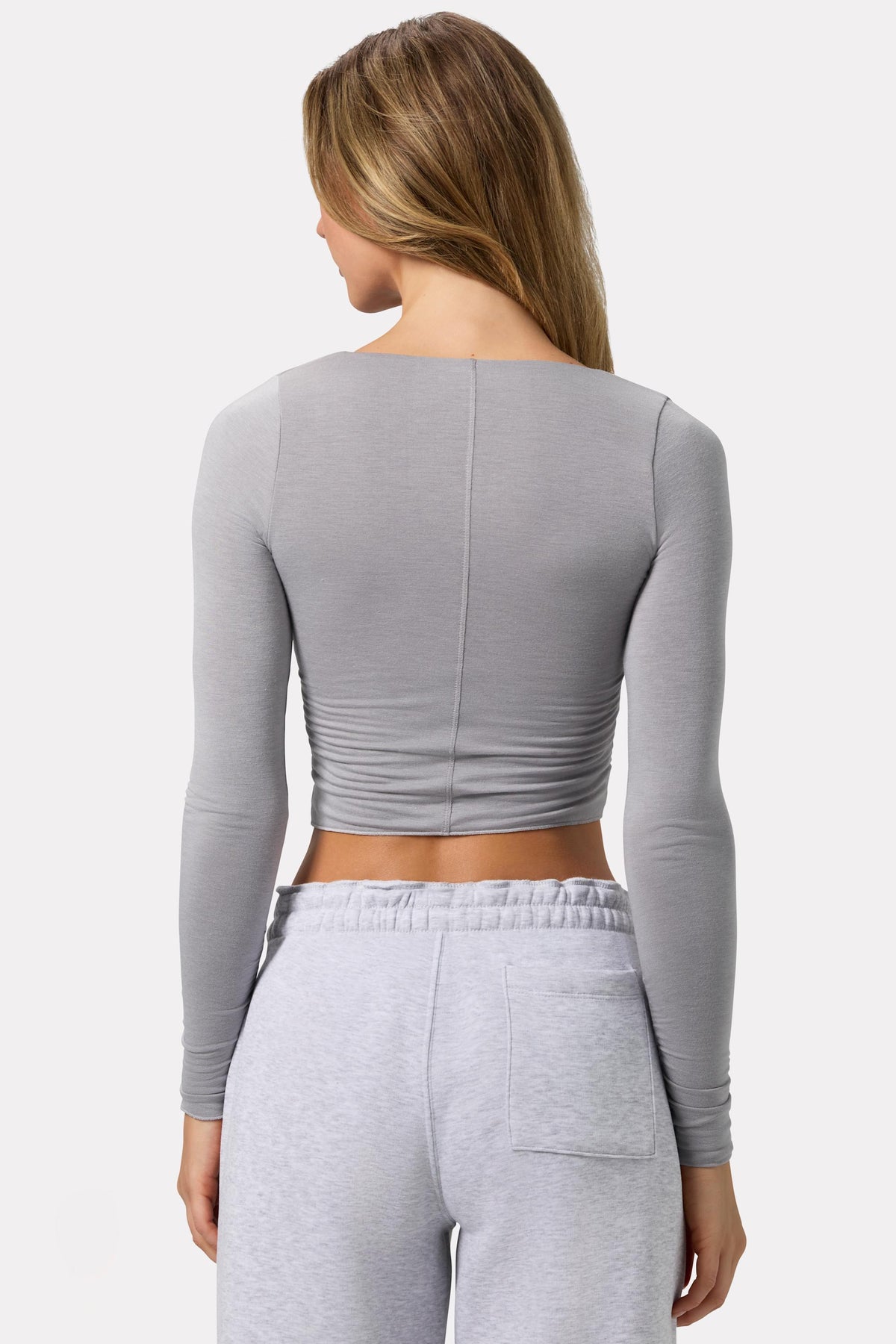 Ruched Long-sleeve Crop Top In Grey