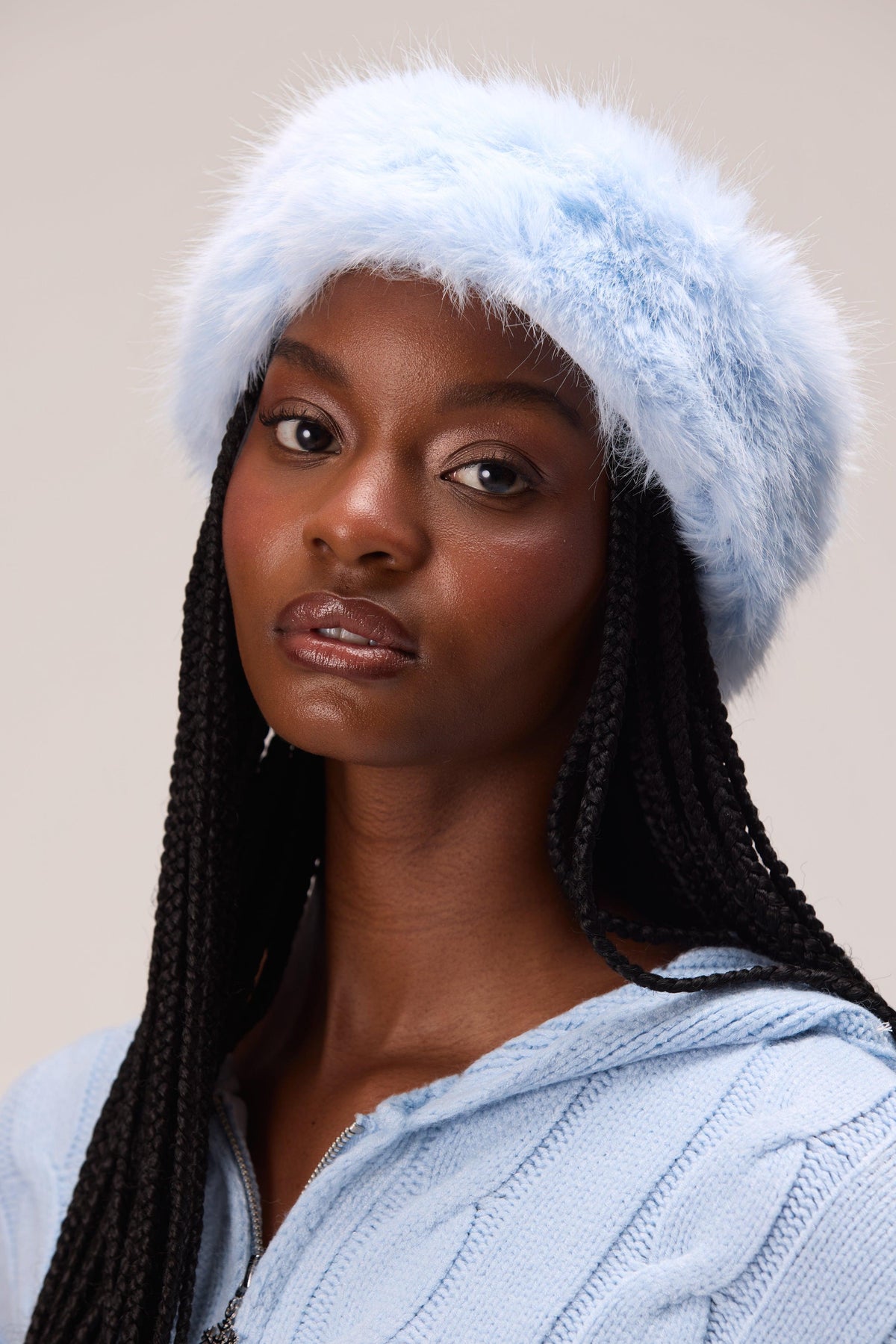 Faux Fur Headband In Powder Blue