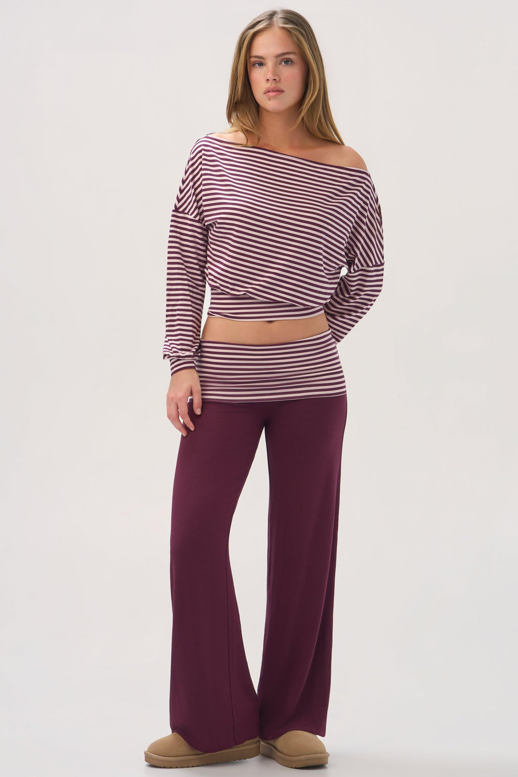 Buttercloud™ Slouchy Off-shoulder Top In Plum Stripe