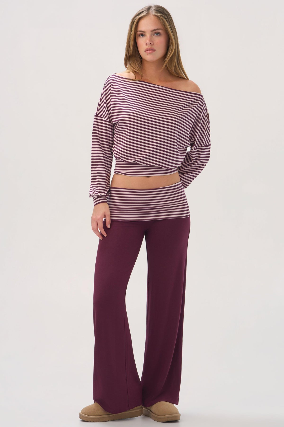 Buttercloud™ Slouchy Off-shoulder Top In Plum Stripe