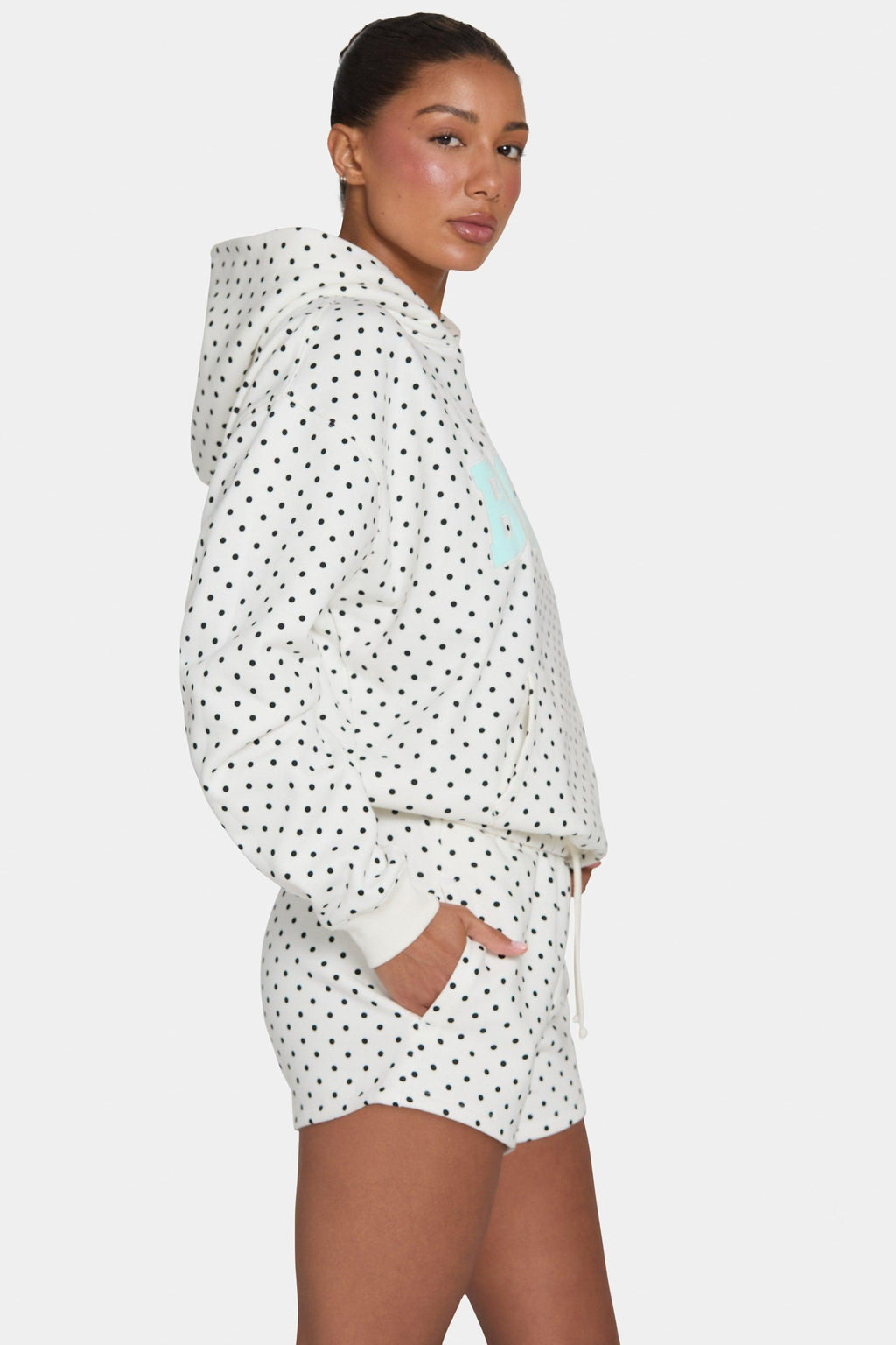 Oversized Applique Hoodie In Monochrome Polka Dot