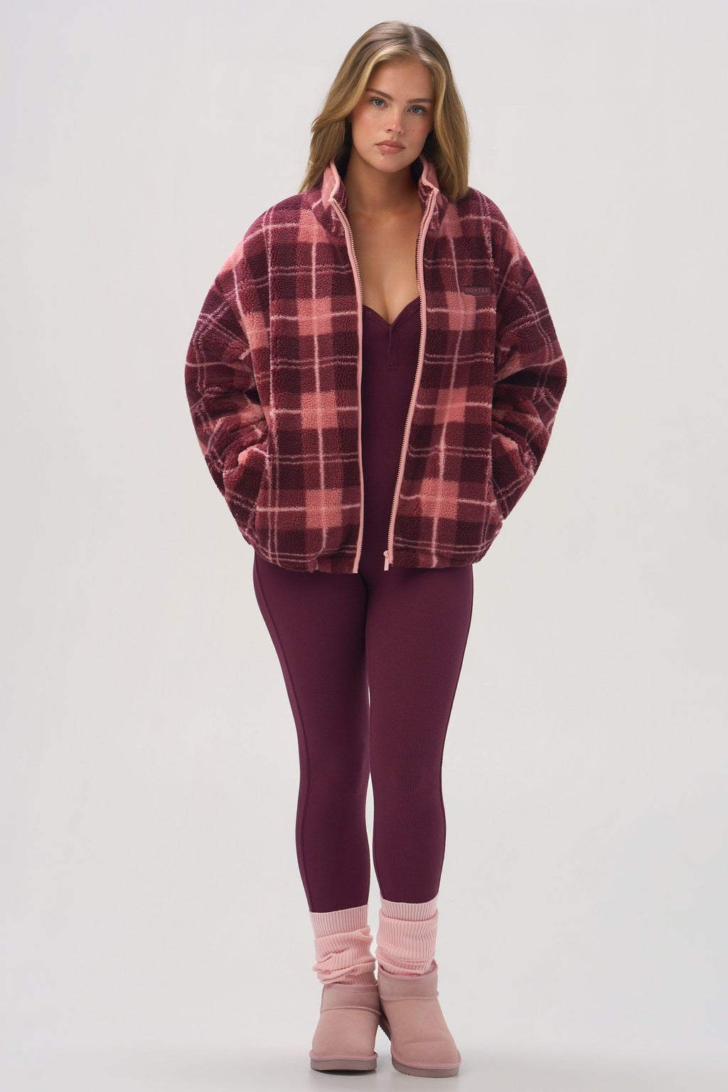 Oversized Zip-up Fleece In Plum Plaid