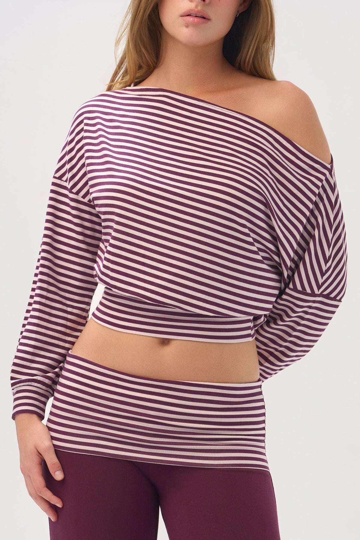 Buttercloud™ Slouchy Off-shoulder Top In Plum Stripe