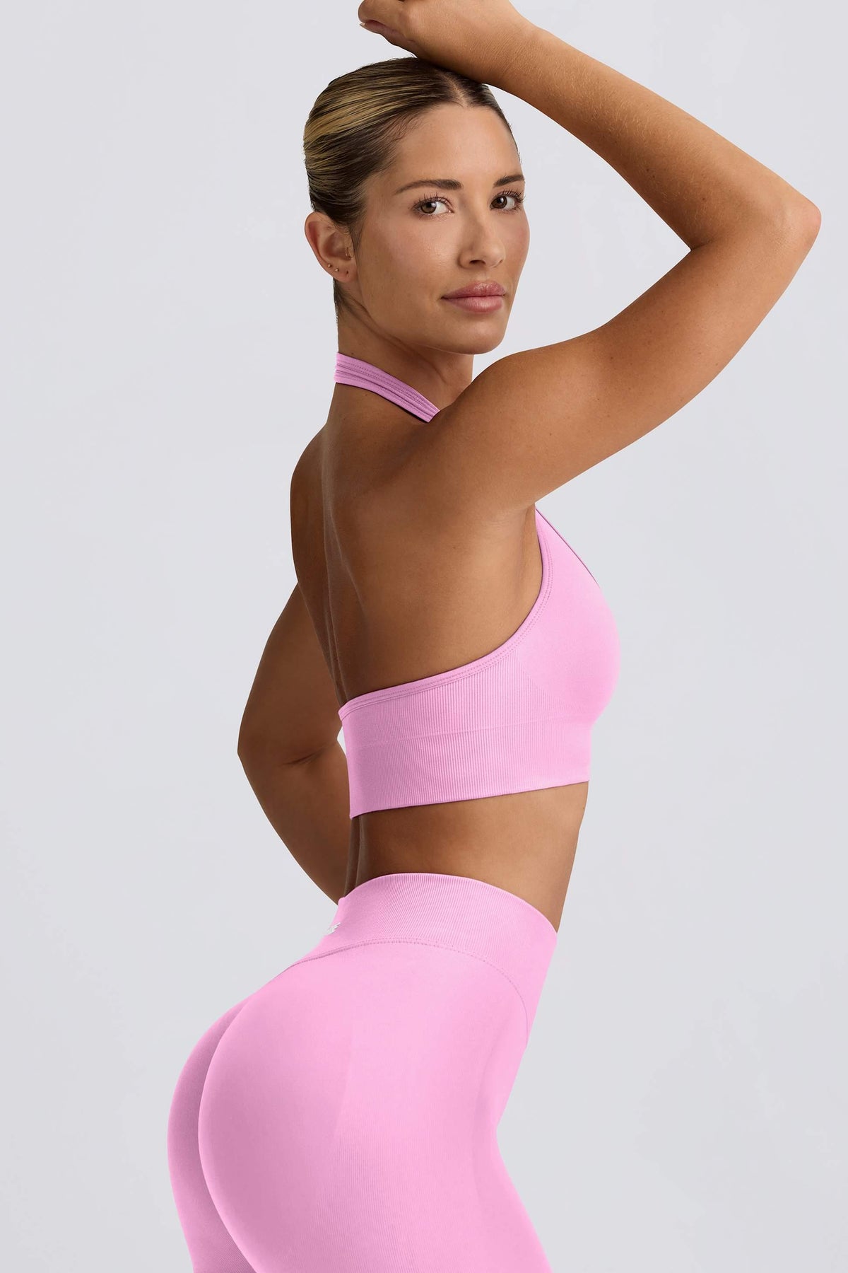 Define Luxe Halterneck Sports Bra In Bubblegum Pink