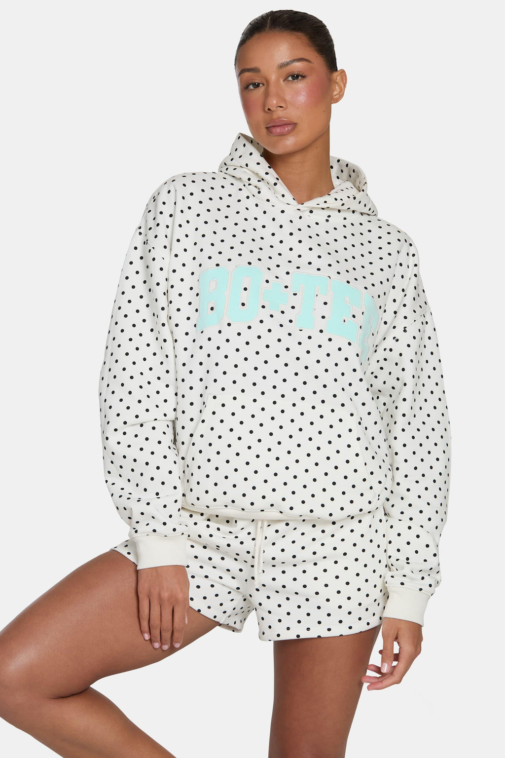 Oversized Applique Hoodie In Monochrome Polka Dot