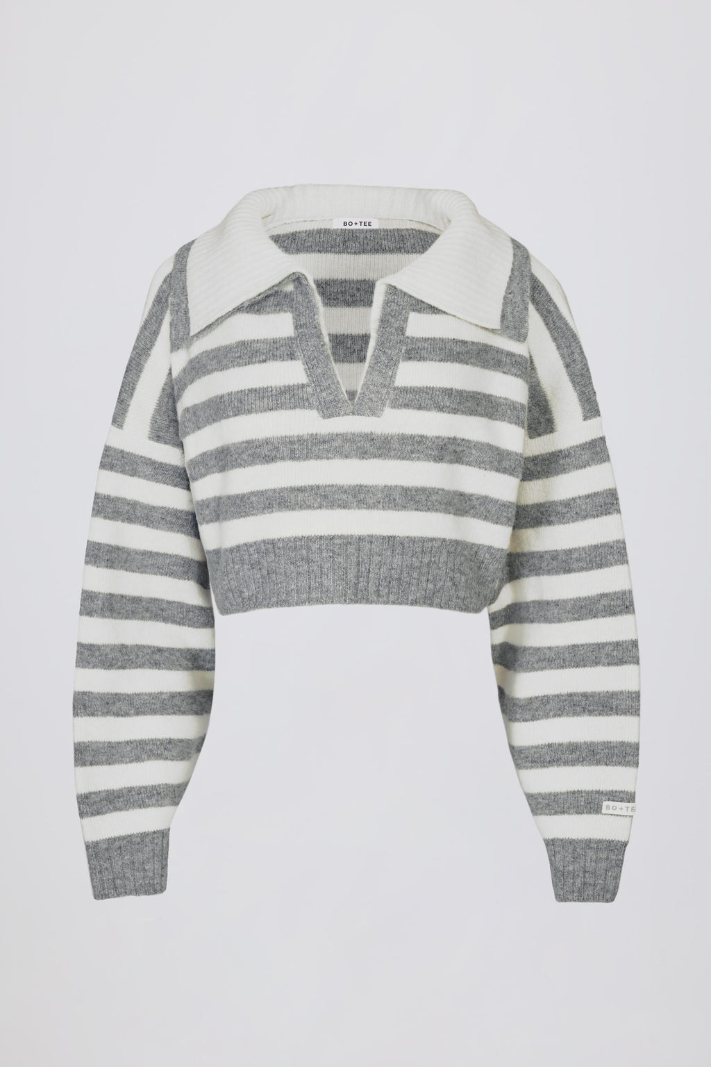 Soft Knit Layered Collar Cropped Jumper In Grey Stripe