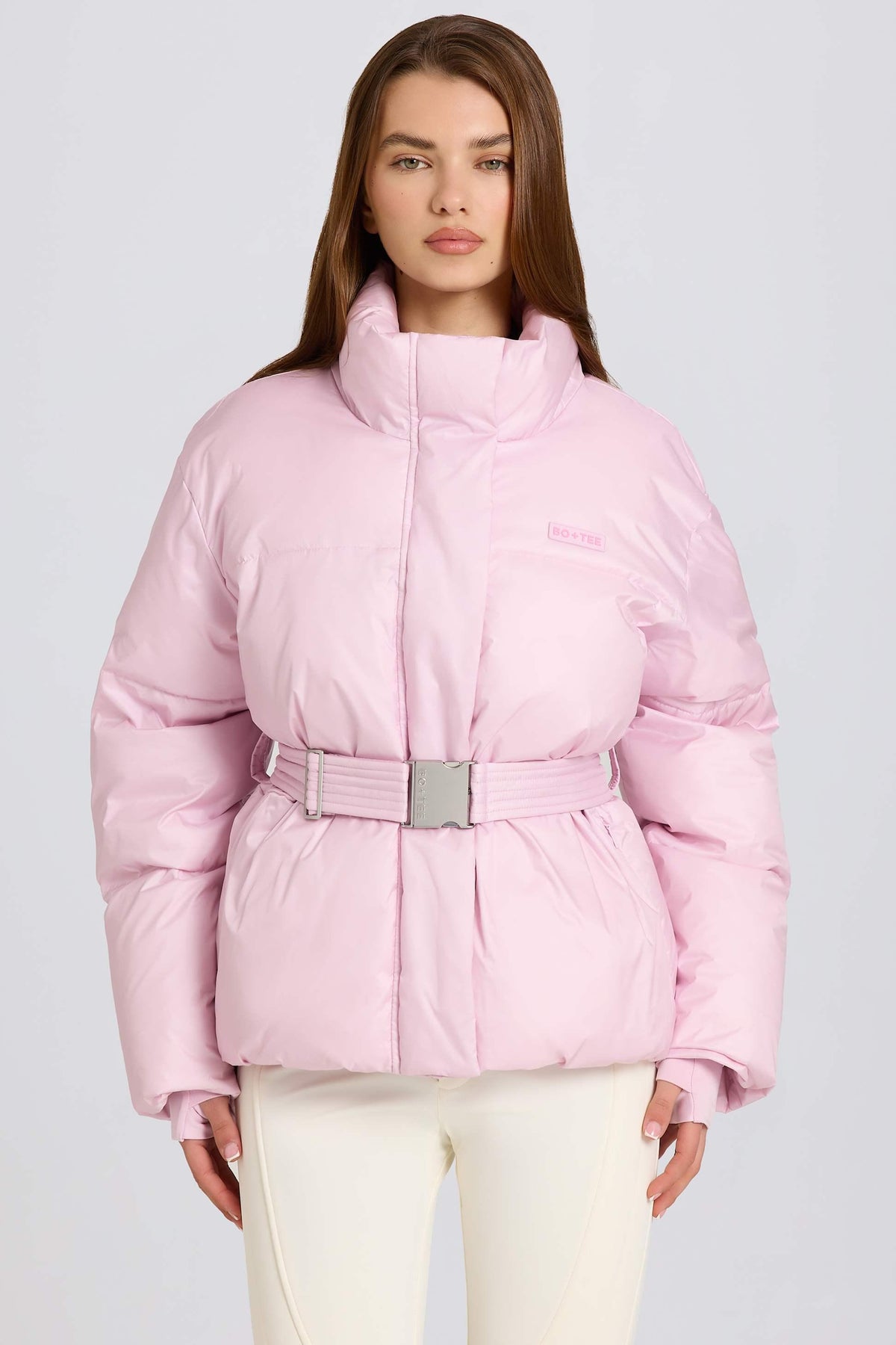Waterproof Belted Oversized Ski Jacket In Powder Pink