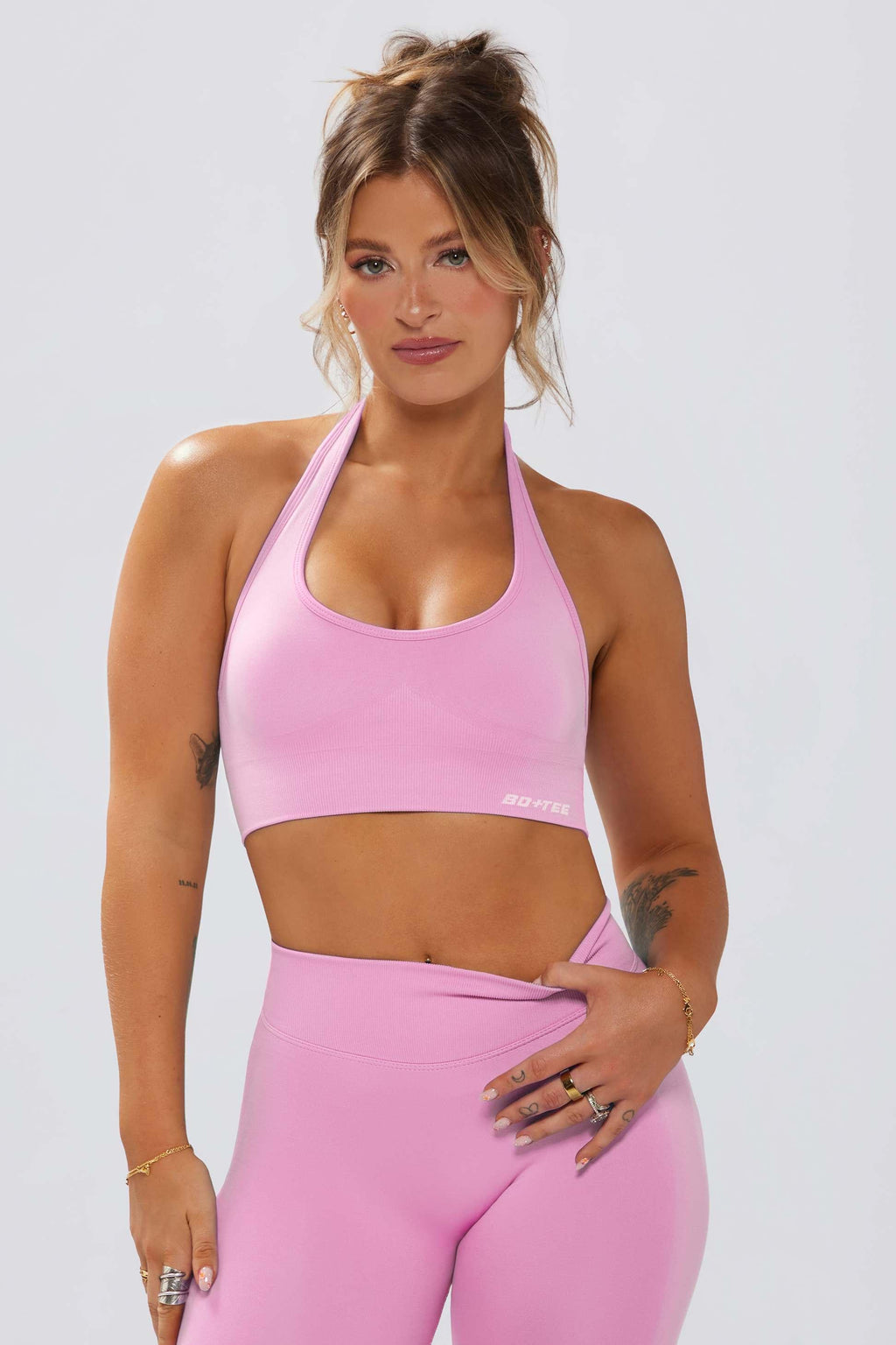 Define Luxe Halterneck Sports Bra In Bubblegum Pink