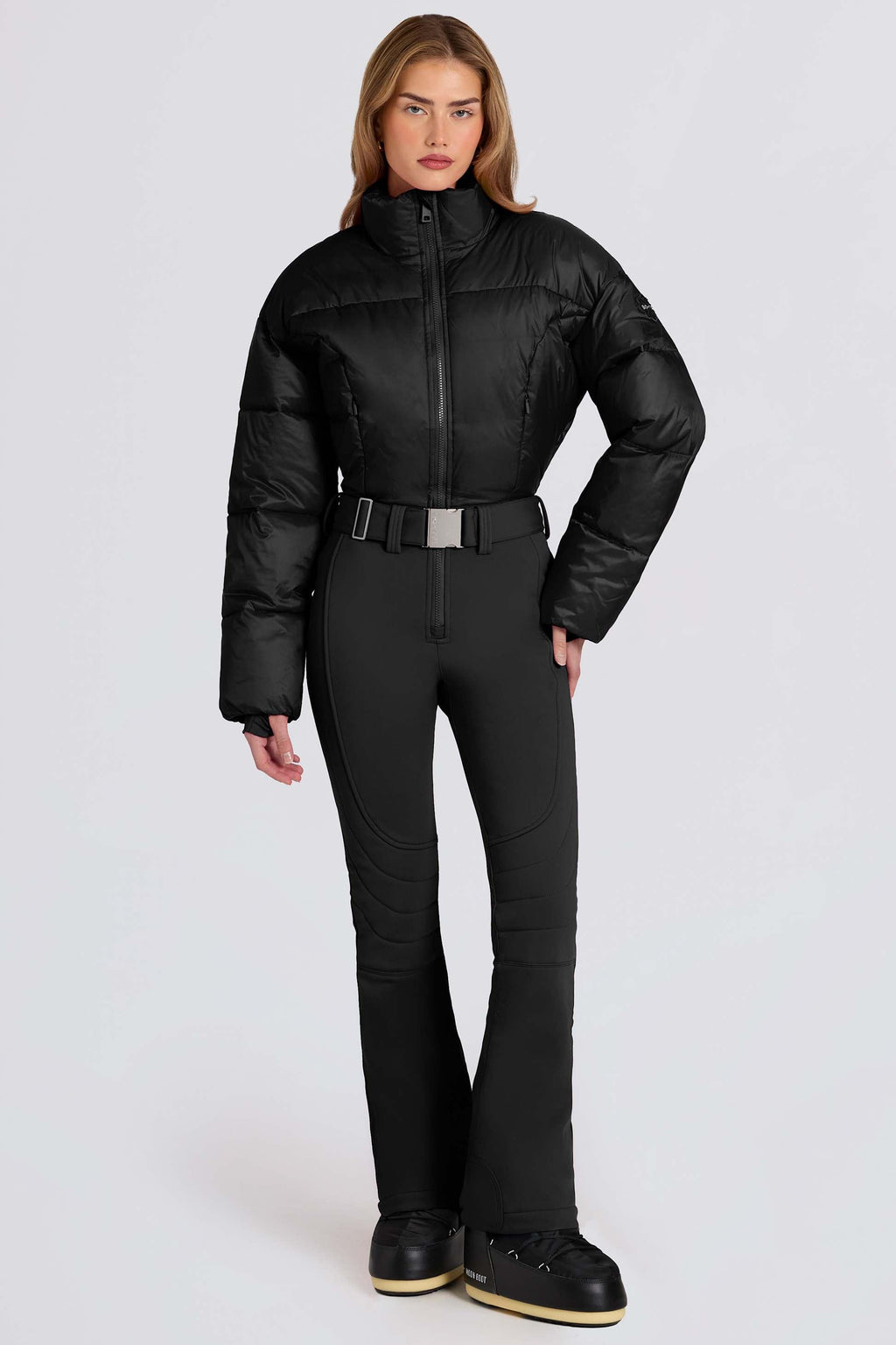 Waterproof Padded Belted Ski Suit In Black