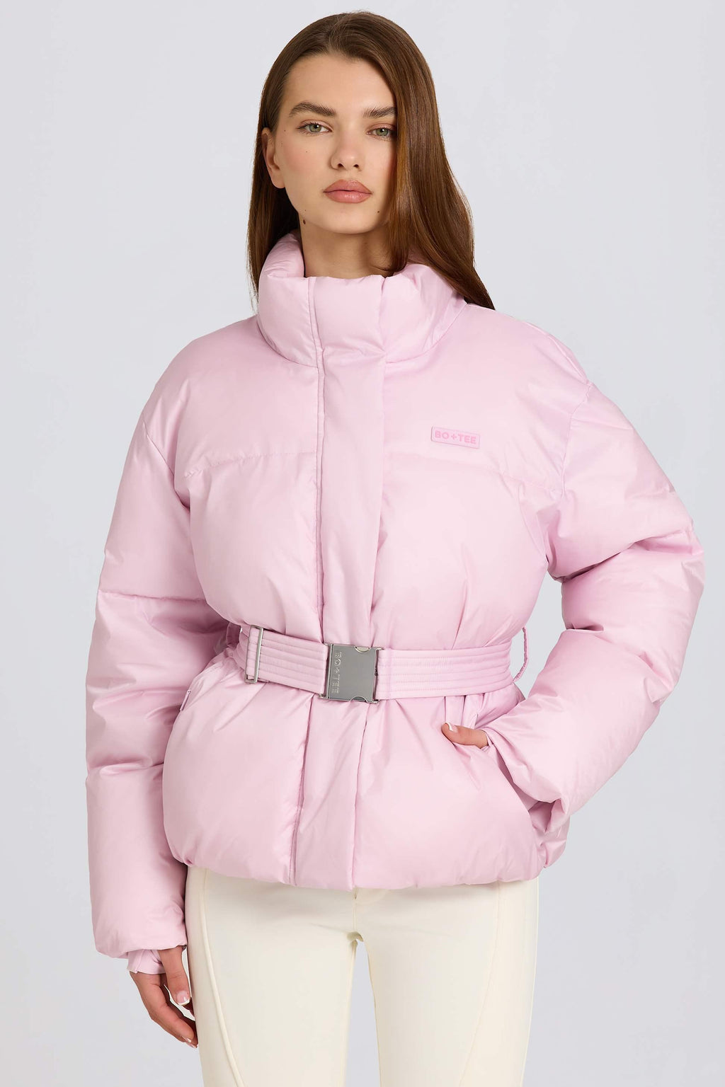 Waterproof Belted Oversized Ski Jacket In Powder Pink