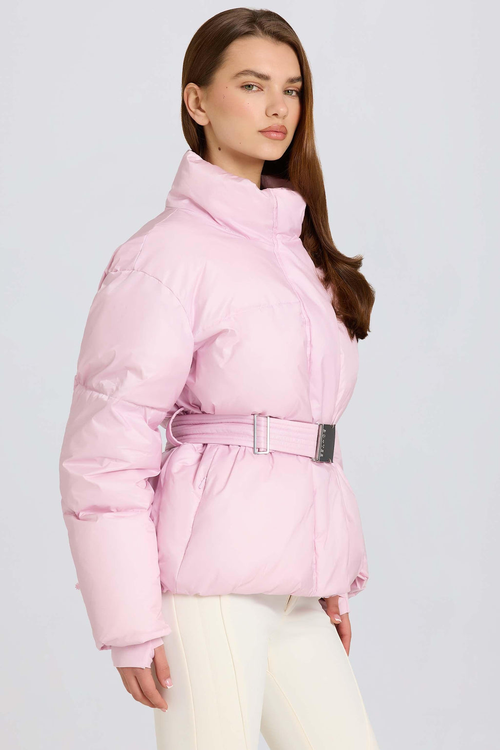 Waterproof Belted Oversized Ski Jacket In Powder Pink