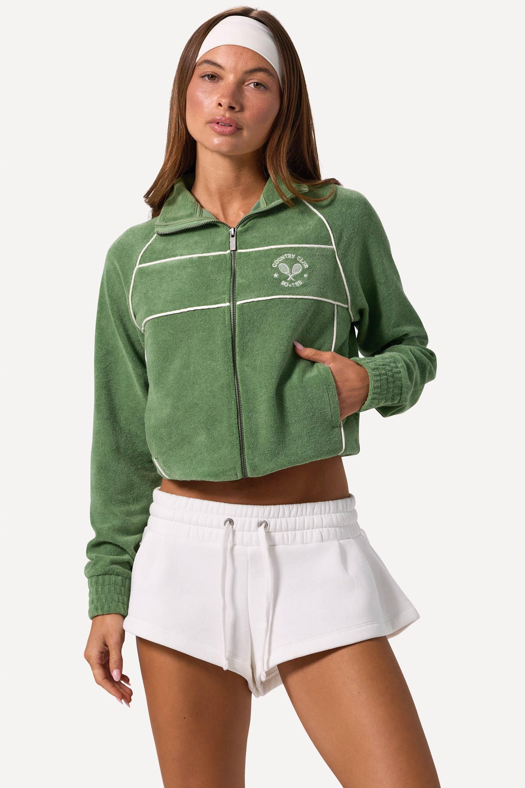 Terry Towelling Zip-up Cropped Sweatshirt In Jade